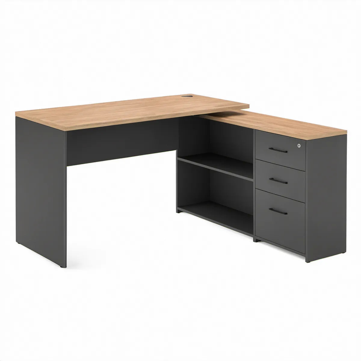 Secretária em L com 3 Gavetas, Estante Integrada e Fechadura Carvalho Natural/Antracite 150 x 120 x 74 cm