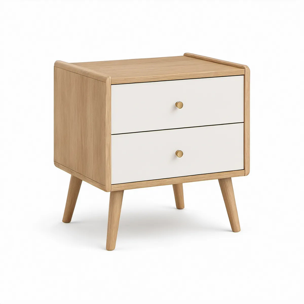 Mesa de Cabeceira em MDF com 2 Gavetas, Carvalho, Branco e Dourado, 45 x 35 x 60 cm