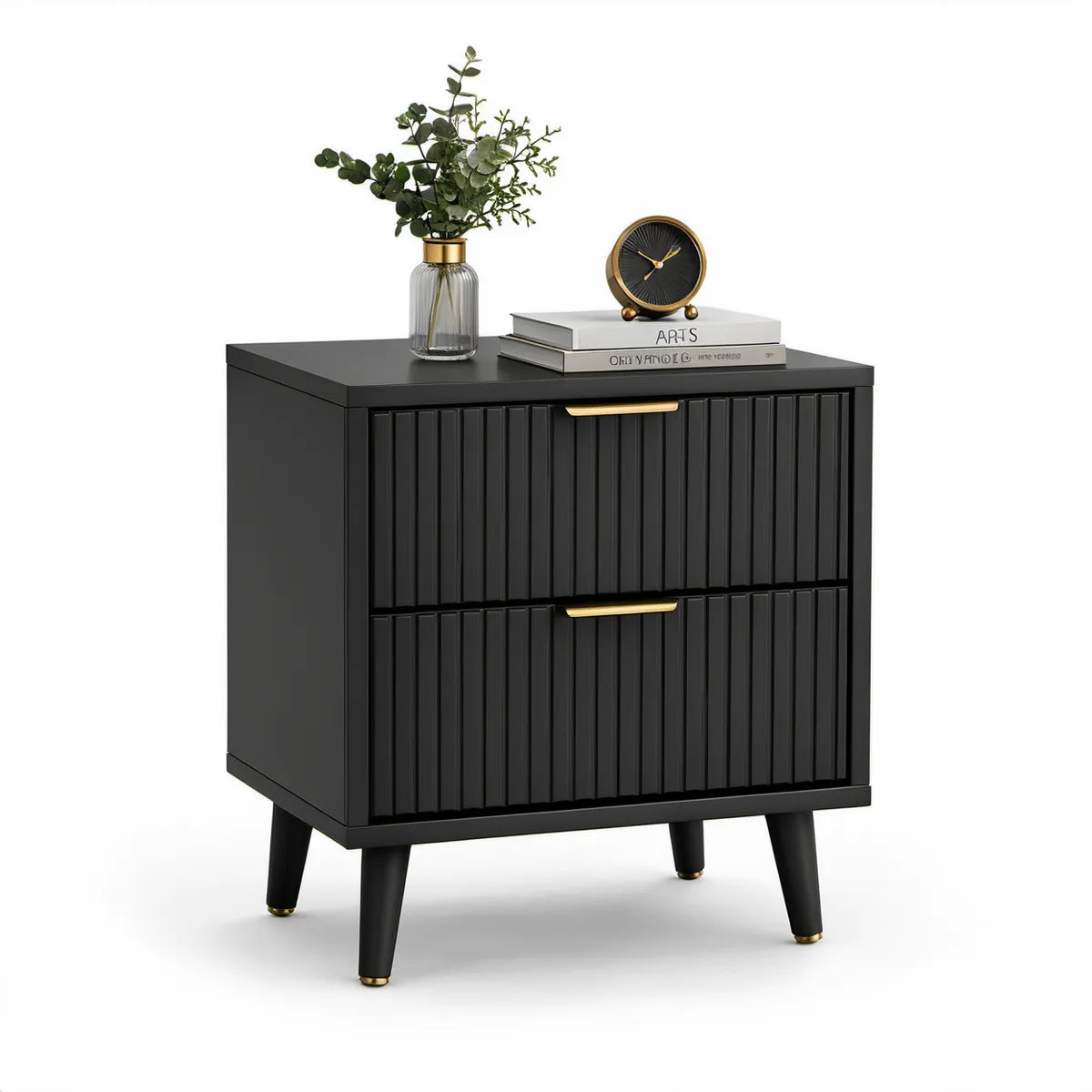 Mesa de Cabeceira em MDF Preto e Dourado com 2 Gavetas, 60 x 40 x 65 cm