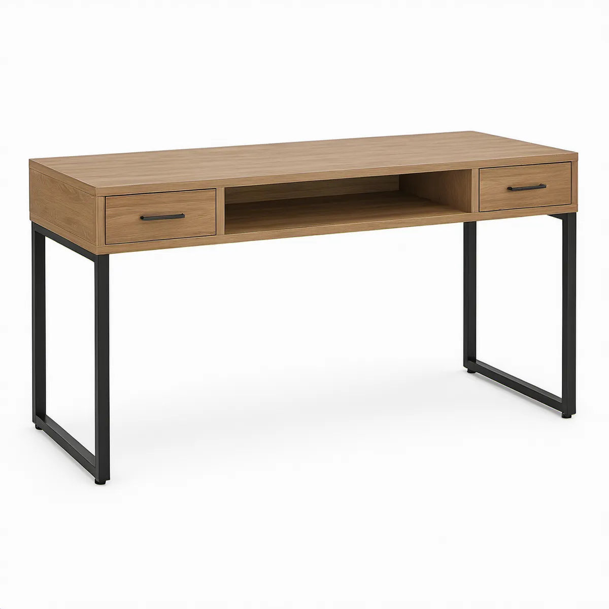 Secretária Retangular em Carvalho e Preto com 2 Gavetas e Nicho Aberto, 120 x 60 x 75 cm