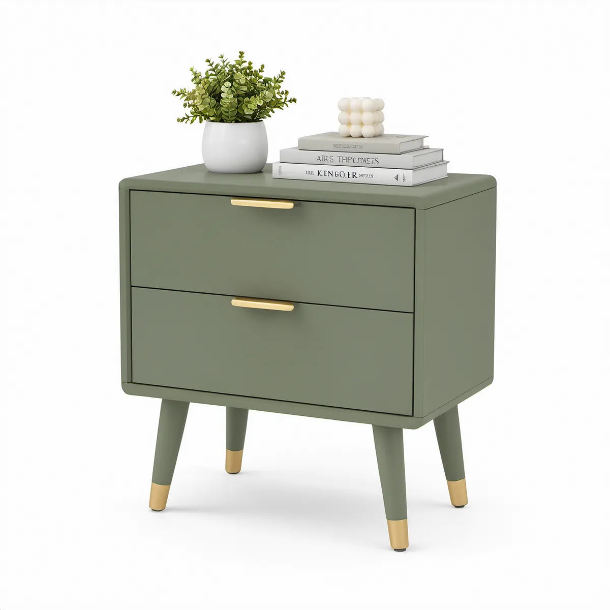 Mesa de Cabeceira Retangular em MDF Verde Mate com 2 Gavetas Douradas, 50 x 40 x 60 cm