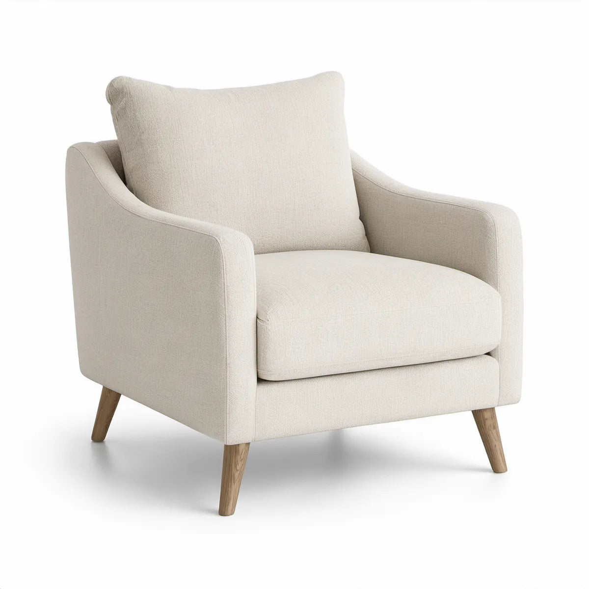 Poltrona Estofada em Bouclé Bege com Pés em Madeira Maciça, 82 x 84 x 88 cm