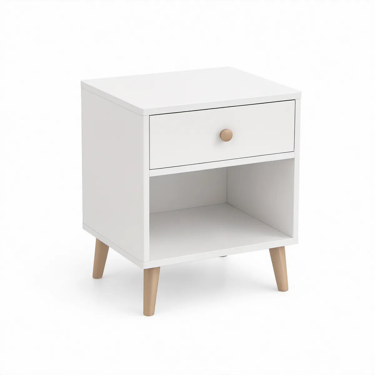 Mesa de Cabeceira em MDF Branco com Pés em Madeira de Hevea, 40 x 35 x 55 cm