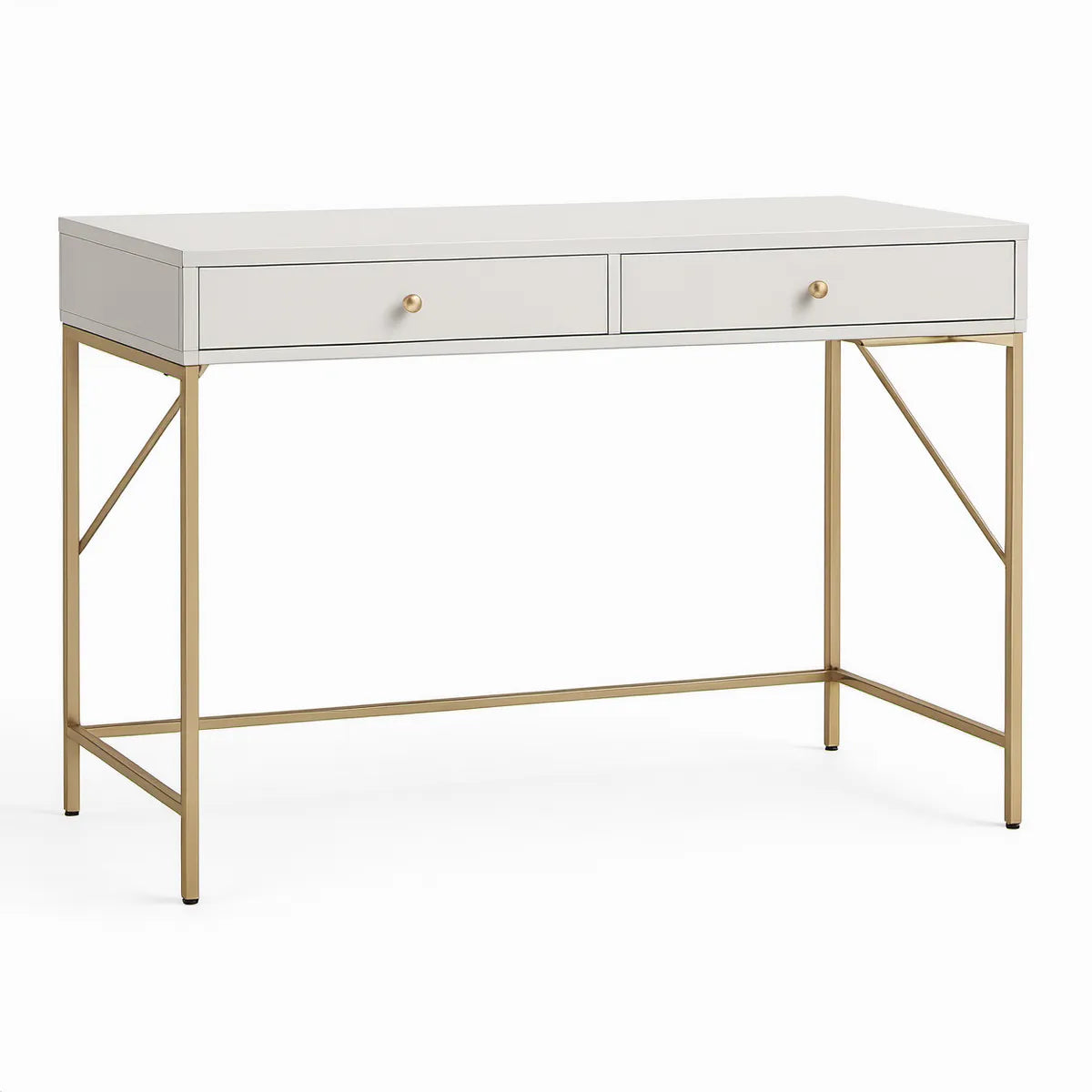 Secretária Retangular com 2 Gavetas em MDF e Aço Branco e Dourado 120 x 60 x 76 cm