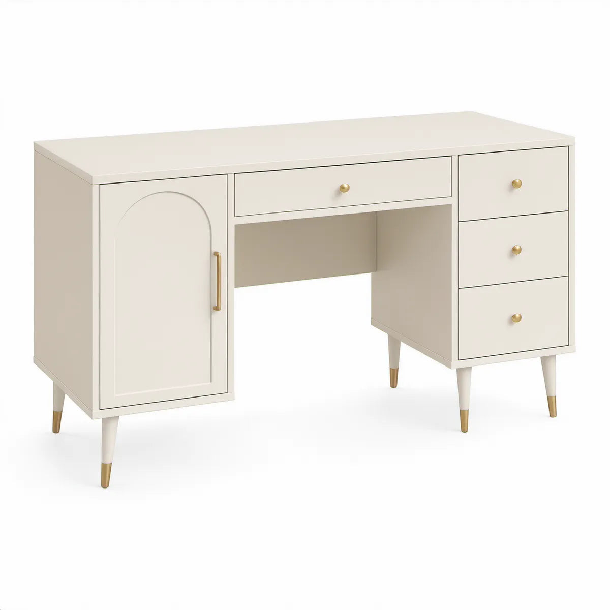 Secretária Retangular Branca e Dourada em MDF Lacado com 4 Gavetas e Porta, 120 x 60 x 75 cm