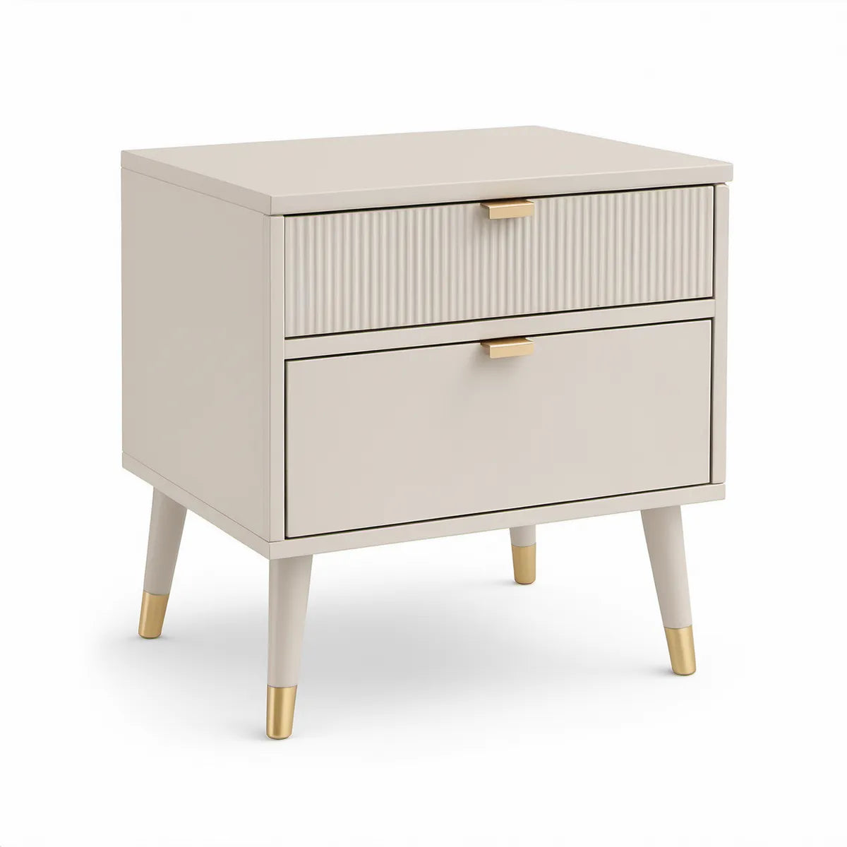 Mesa de Cabeceira com 2 Gavetas em MDF Lacado Bege e Dourado, 50 x 40 x 55 cm