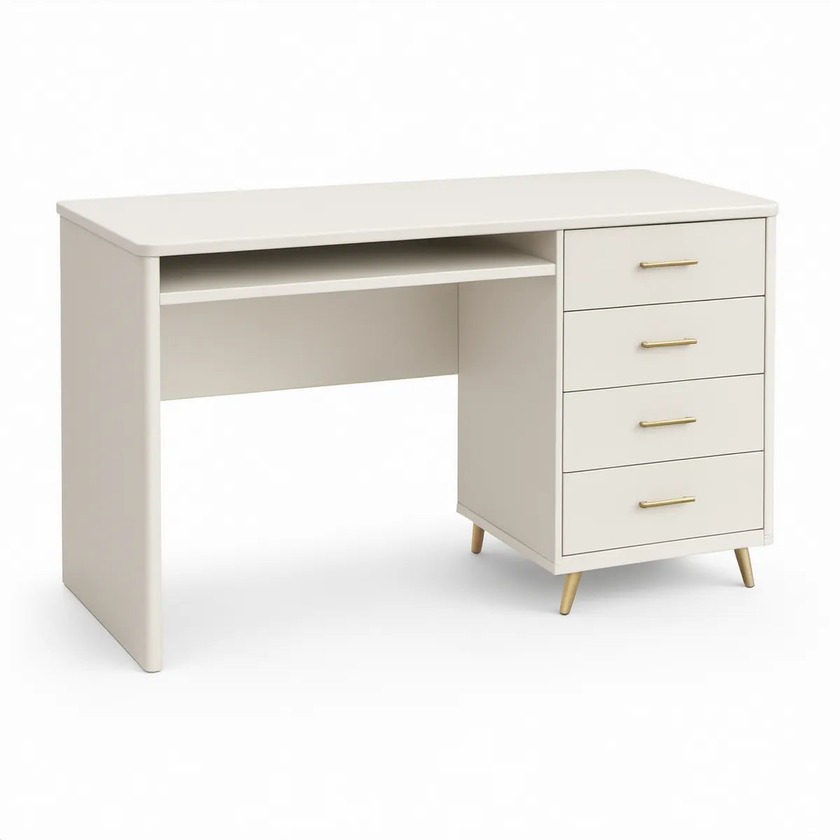 Secretária Retangular em MDF Lacado Branco e Dourado com 4 Gavetas, 120 x 60 x 75 cm