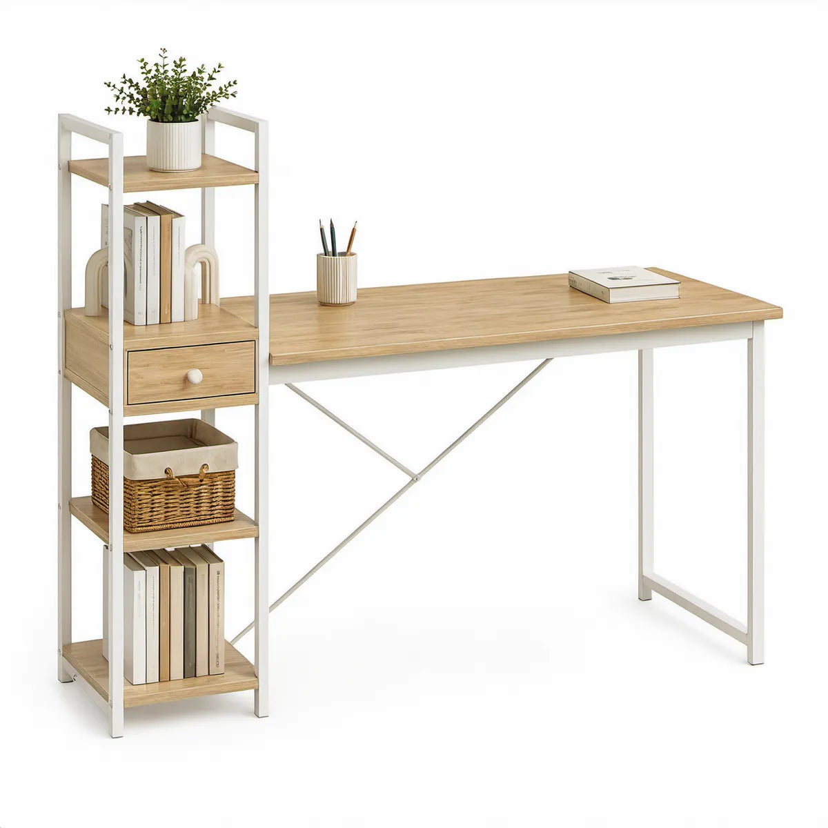Secretária com Estante Integrada em Bambu Natural e Aço Branco, 120 x 60 x 120 cm